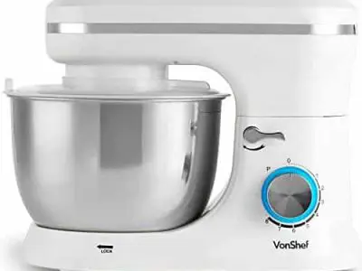 VonShef Cream Food Mixer Stand Mixer with 8 Speeds 45 Litre Mixing Bowl Splash Guard Includes Beater Dough Hook Balloon Whisk for Cake Batter Bread Desserts and more 1000W 0